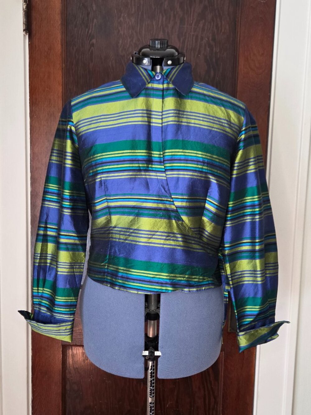 Sunny Leigh Blue and Green Stripe Long Sleeve Silk Wrap Top